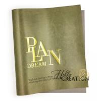 Переплетный кожзам (экокожа) с принтом "Dream plan / золото" 26*46 см., глянцевый зеленый с золотым перламутром